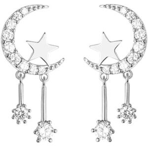 925 Diamond Crescent Moon Star Drop Earrings